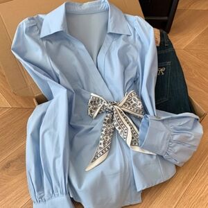 Light Blue Wrap Front Paisley Bow Blouse